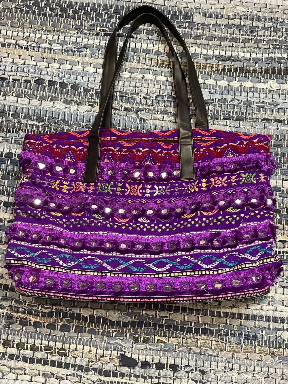 Raj LA Purple Embroidered Boho Tote with Black Vegan Leather Handles